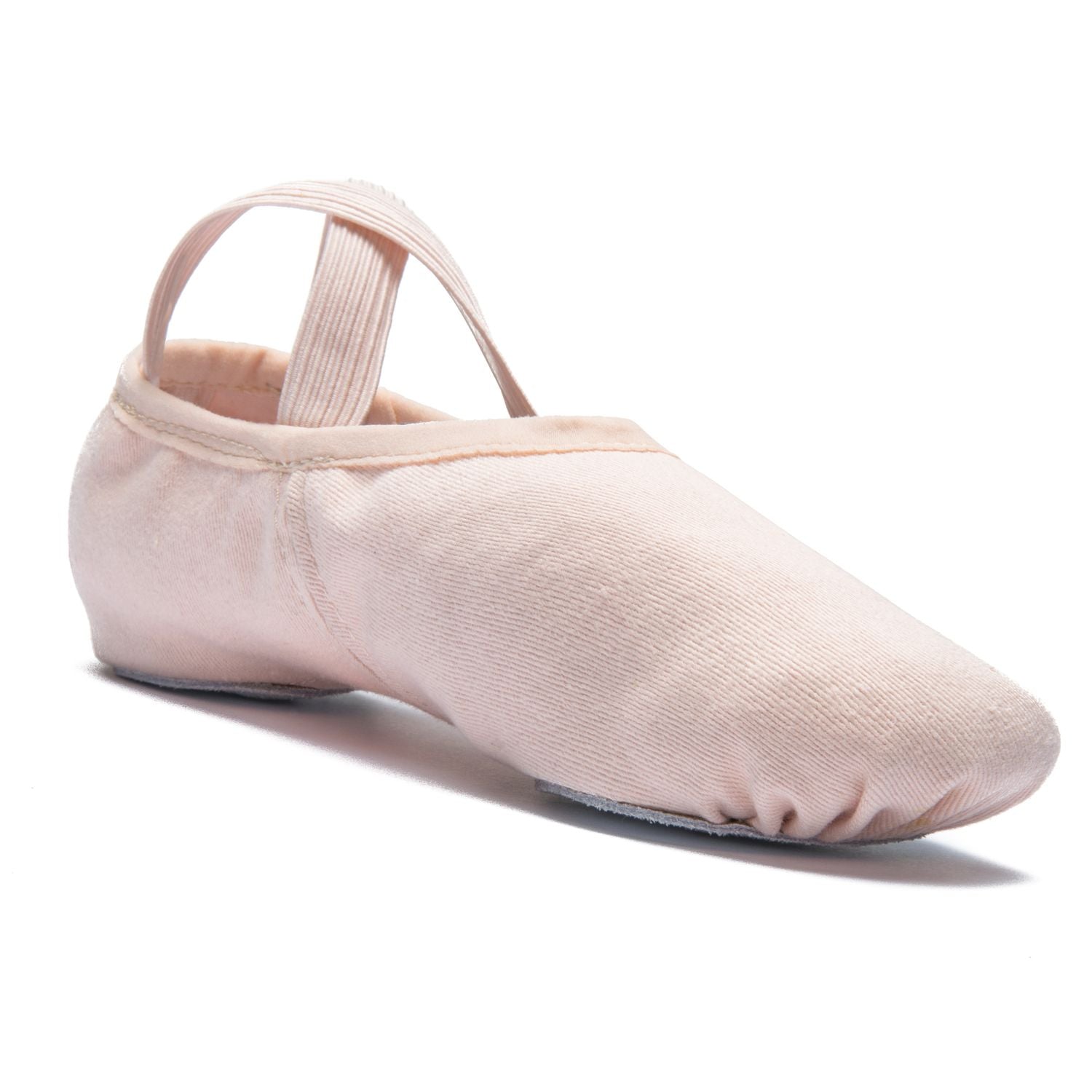 Rumpf 1006 Elastico Ballettschläppchen in Hellrosa mit elastischen Trägern und Chromledersohle auf weißem Hintergrund.